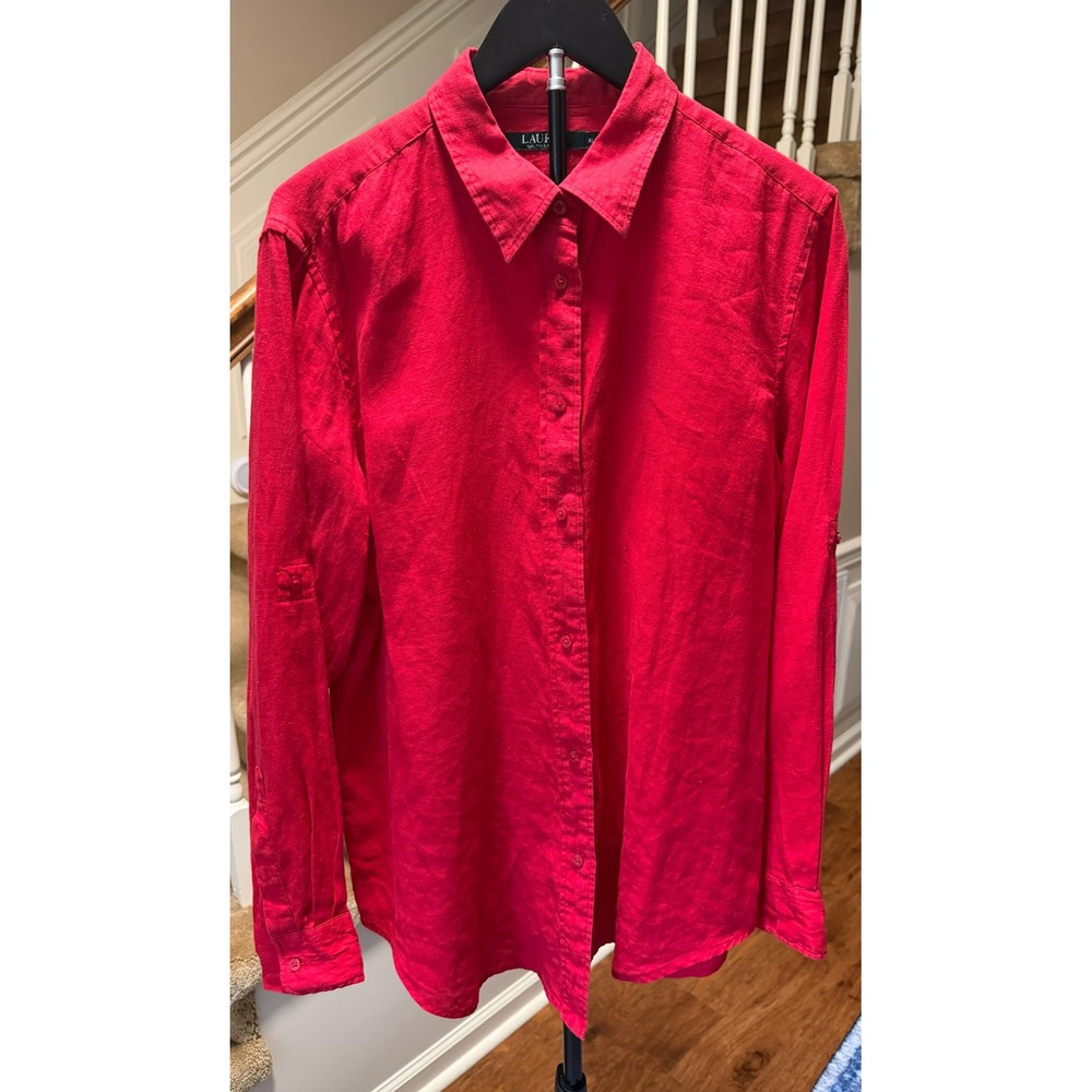 Lauren Ralph Lauren Red 100% Linen Roll Tab Button Down Shirt XL